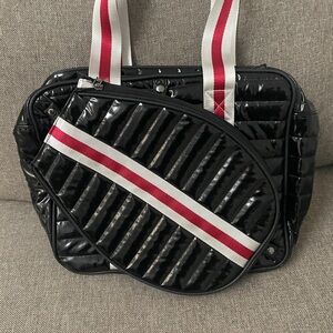 Women’s Black Quilted Think Royln tennis Tote with Red and White Stripes